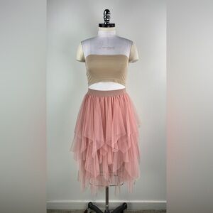 💚 3506. Tulle Mesh Tiered Blush Pink Midi Skirt